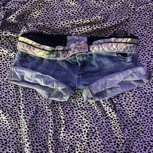 Blue Denim Shorts with Black and Multicolor Waistband